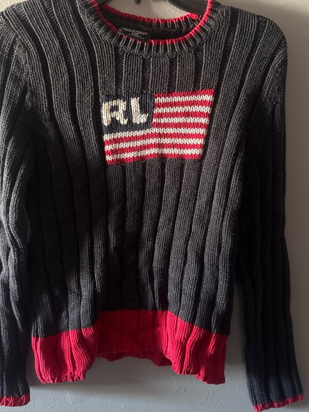 Ralph Lauren Black Ribbed Crewneck Sweater with Red Trim and Flag